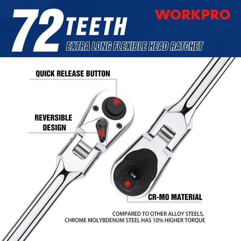 WORKPRO 1/2" Drive Extra Long Flex Head Ratchet 24" Ratchet Handle Quick Release
