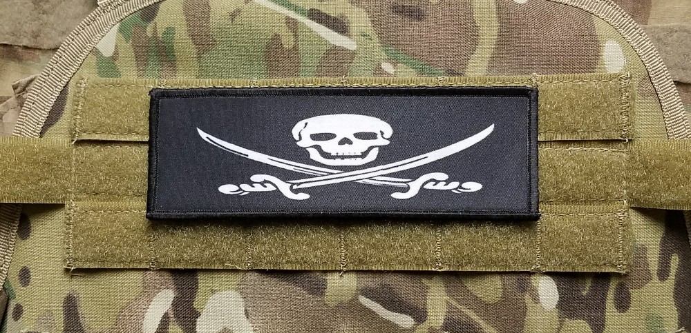 2x6 JOLLY ROGER Raid Patch Hook Backed Maritime Security Pirate Skull
