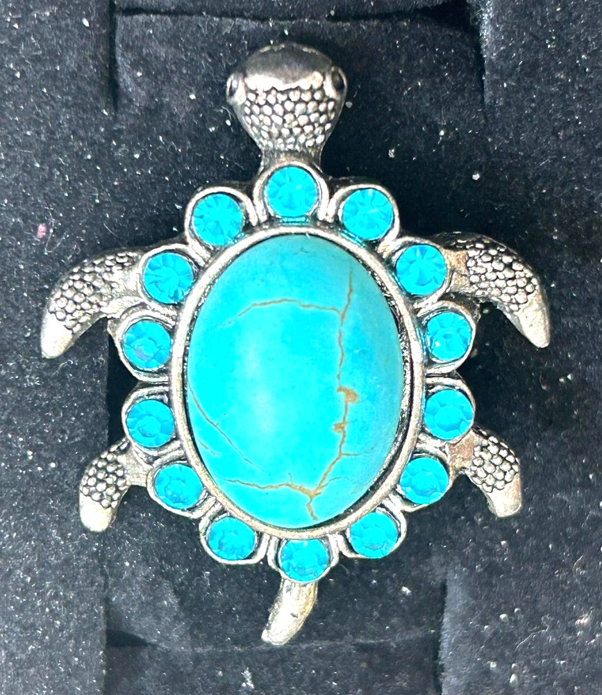 Woman's Vintage Turquoise Turtle Ring Silvertone Adjustable