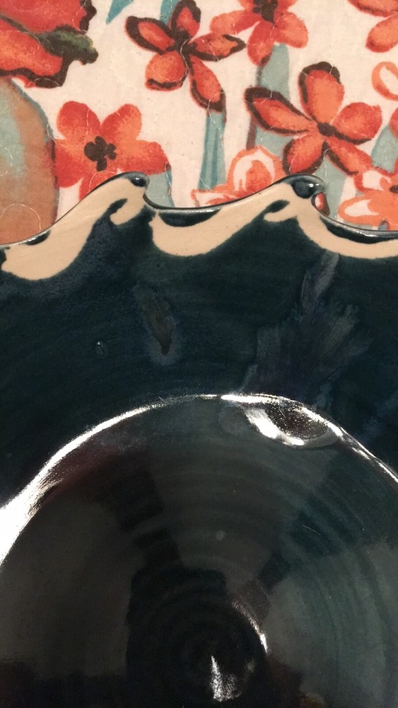 Handmade Pottery Blue Dish with Wave Pattern