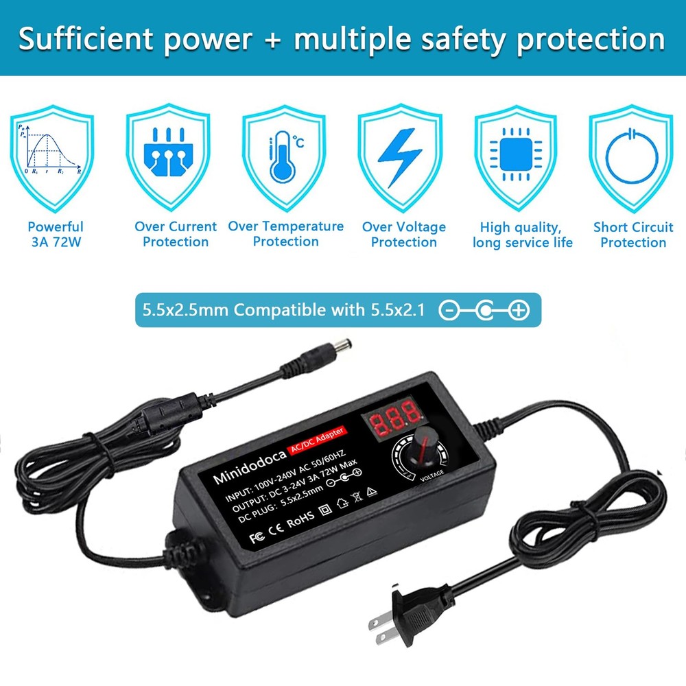 72W Power Supply Adjustable 3V ~ 24V Variable 3~24V 3A Adapter
