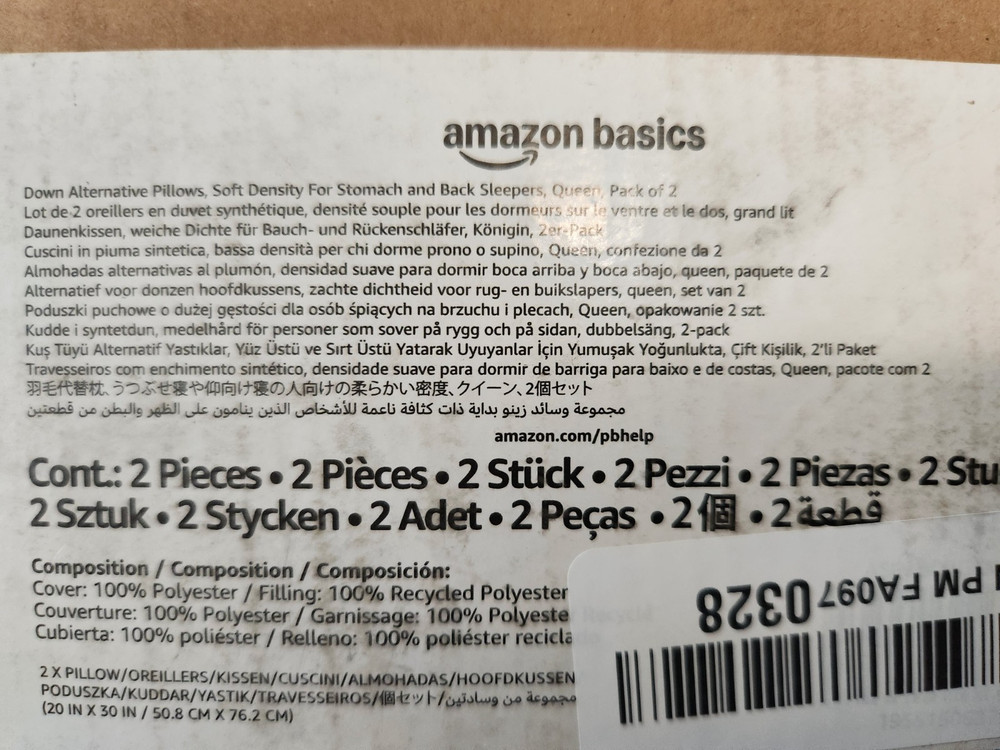 Amazon Basics Down Alternative Soft Pillows, White, Queen 30"x20"