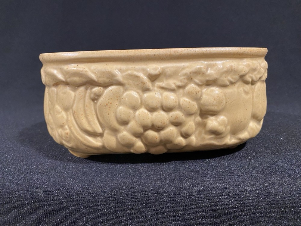 Vintage Speckled Mustard Yellow Ceramic Planter Rounded Rectangle Embossed Fruit