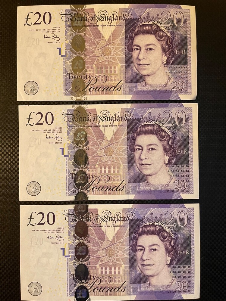 3 x Old British Twenty Pound Notes-Consecutive number-very good condition