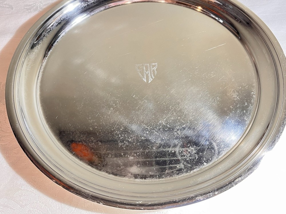 La Pierre Solid Sterling Silver Round Tray 549 Grams. 11" Diameter W/Monograms