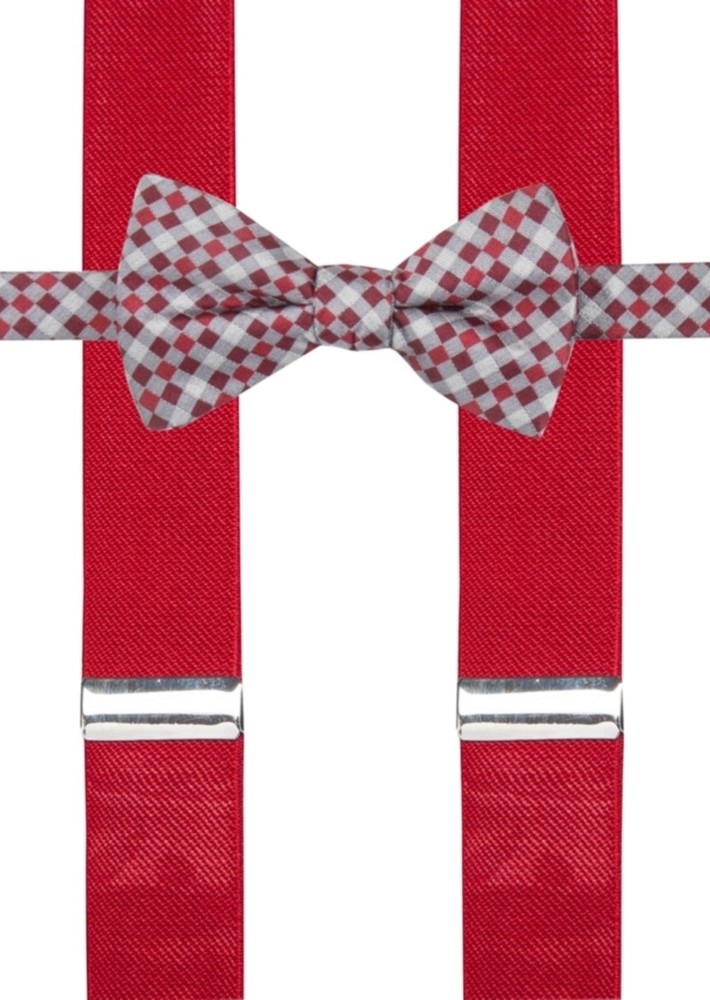 $90 New Alfani Men'S Red Solid Stretch Suspender Gingham Bow Tie Combination Set