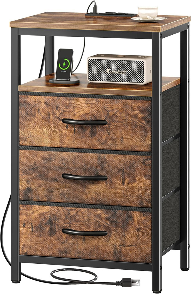 Rustic Brown Nightstand, Charging Station, Bedside Table w/ 3 Fabric Drawers