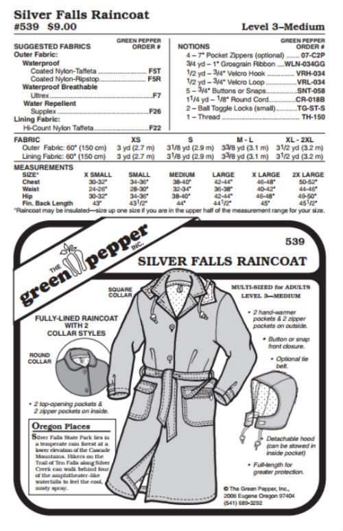 Silver Falls Raincoat #539 Sewing Pattern (Pattern Only) gp539