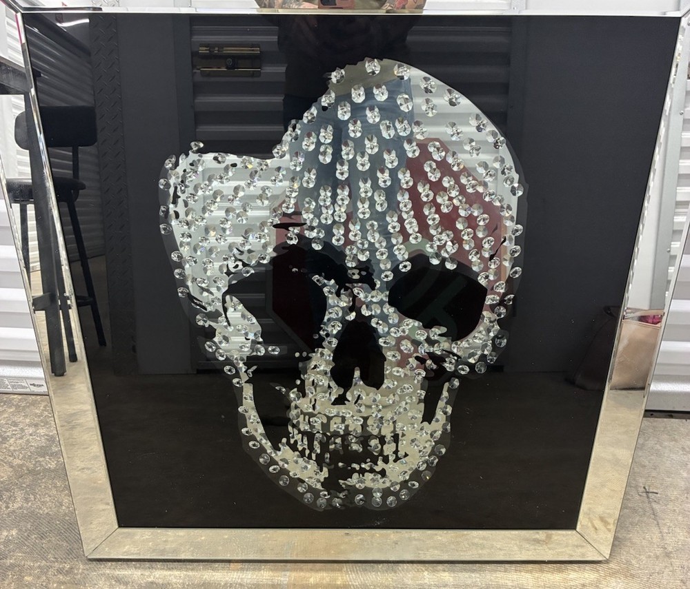 Framed Skull Art with Crystal Embellishments and Mirrored Frame