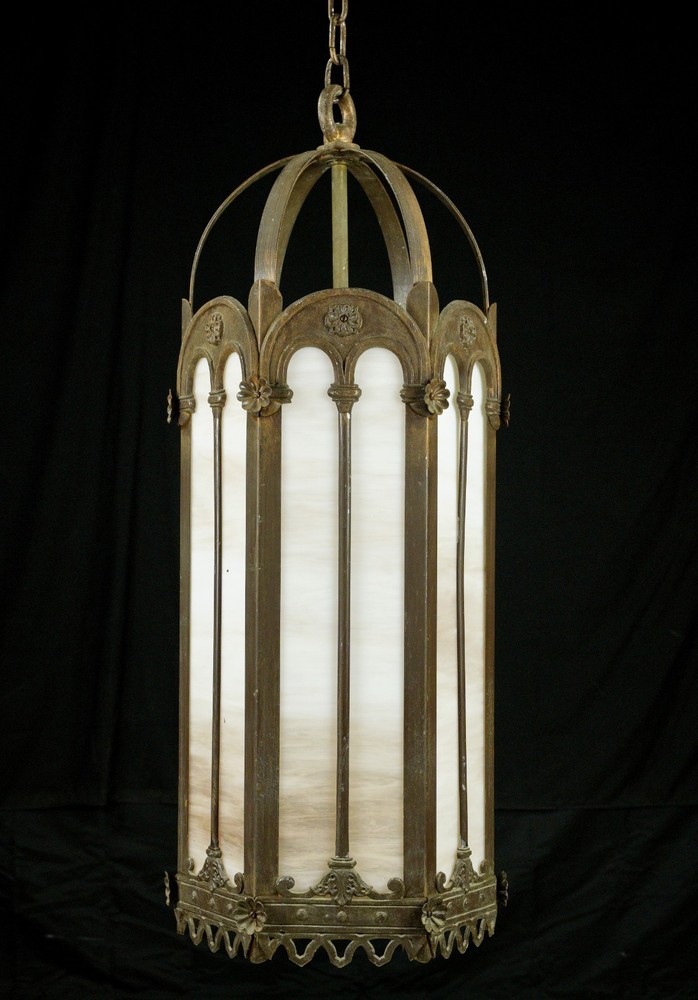 Antique Gothic Cast Iron & Stained Glass Pendant Light