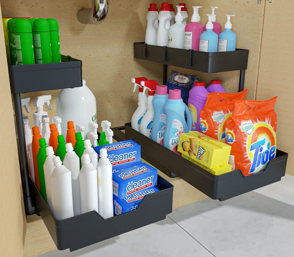 2 Pack Under Sink Organizer 2 Tier Sliding Cabinet Organizers Multi-Purpose S...