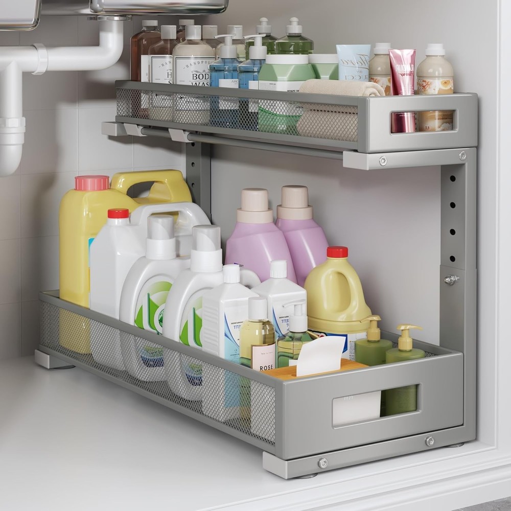 2-Pack Under Sink Storage Organizer Large 2-Tier Elegant Mesh Pull Out Shelf
