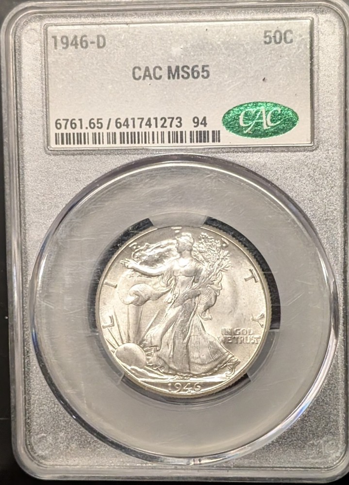 1946-D Walking Liberty Silver Half Dollar CAC MS65