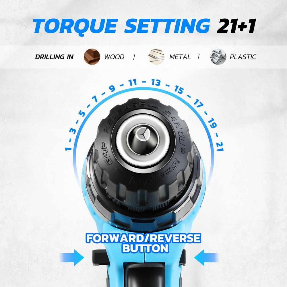 12V Max Variable Speed Cordless Drill/Driver 21+1 Torque Setting Power Drill Kit