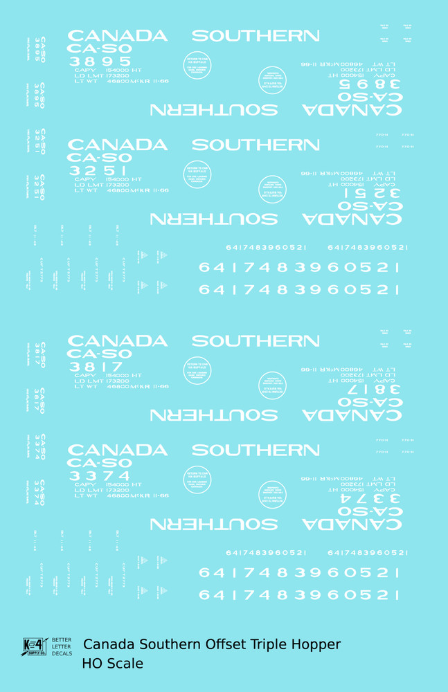 K4 HO Scale Decals Canada Southern Offset Triple Hopper White