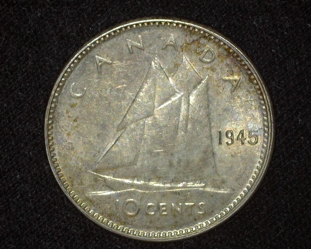 CANADA 1945 10 CENTS SILVER KM34 UNCIRCULATED ~K11