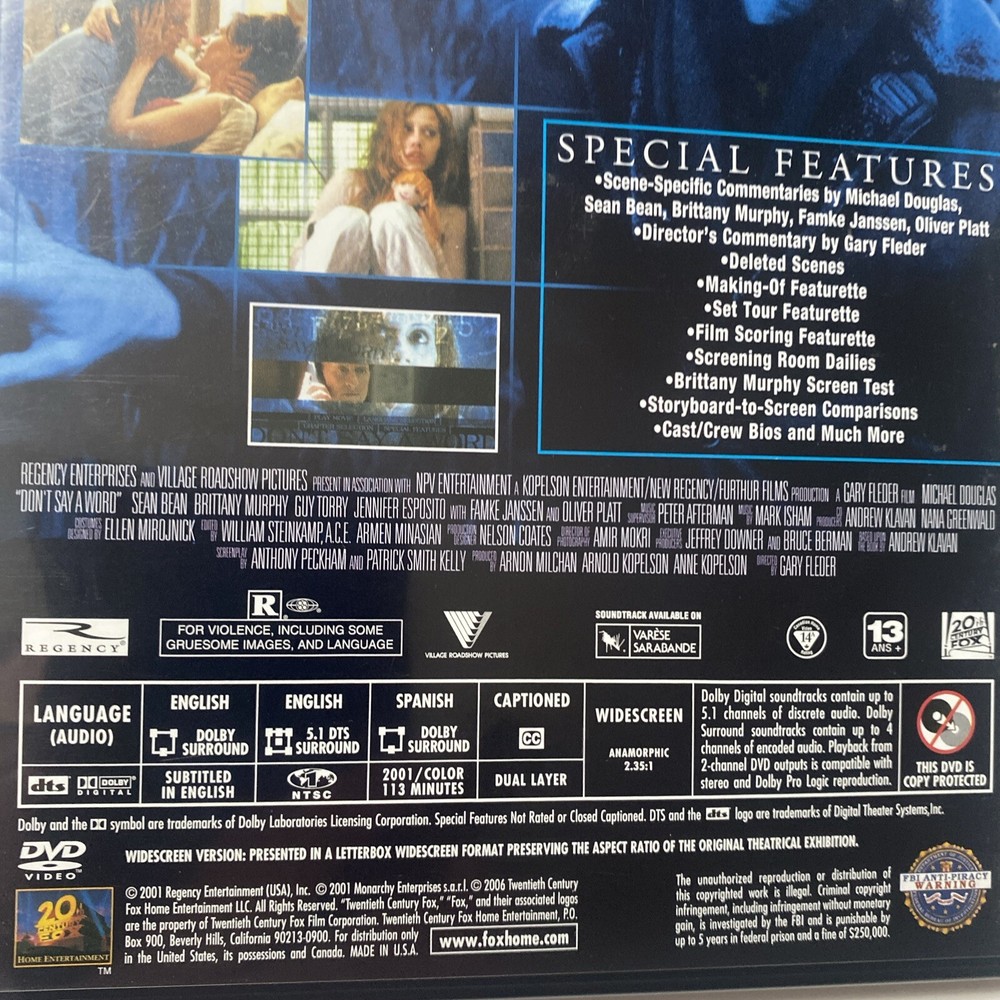 2001 Don't Say a Word Michael Douglas DVD