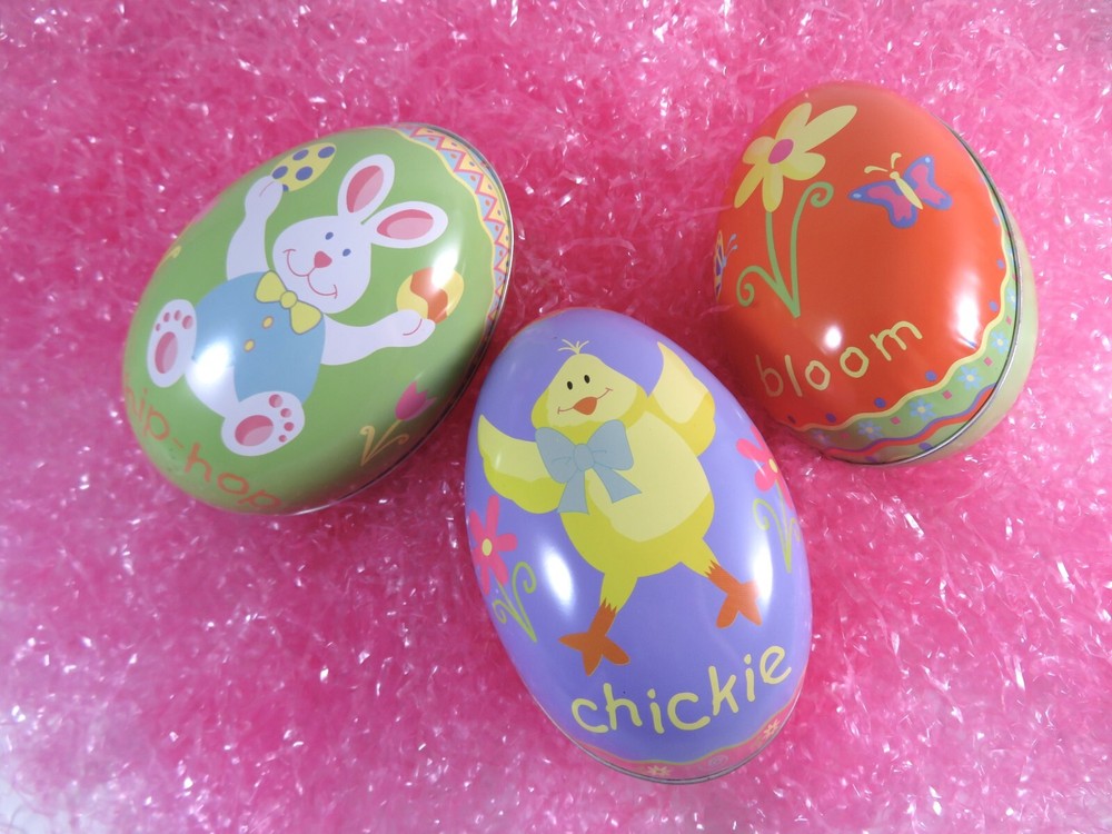 Tin Easter Eggs 3 Empty Candy Containers Spring Theme Hip-Hop Chickie Bloom