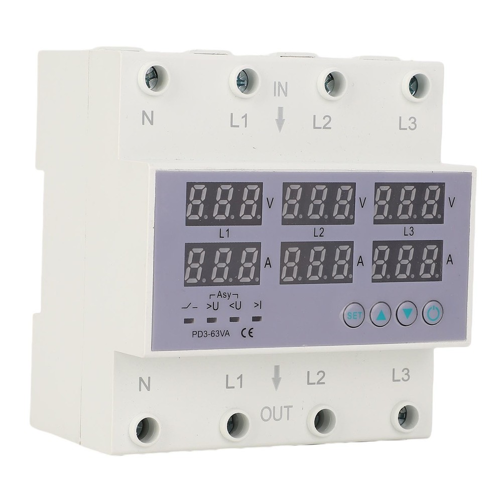63A 3 Phase DIN Rail Voltmeter Ammeter Auto Overvoltage Overcurrent Protector AC