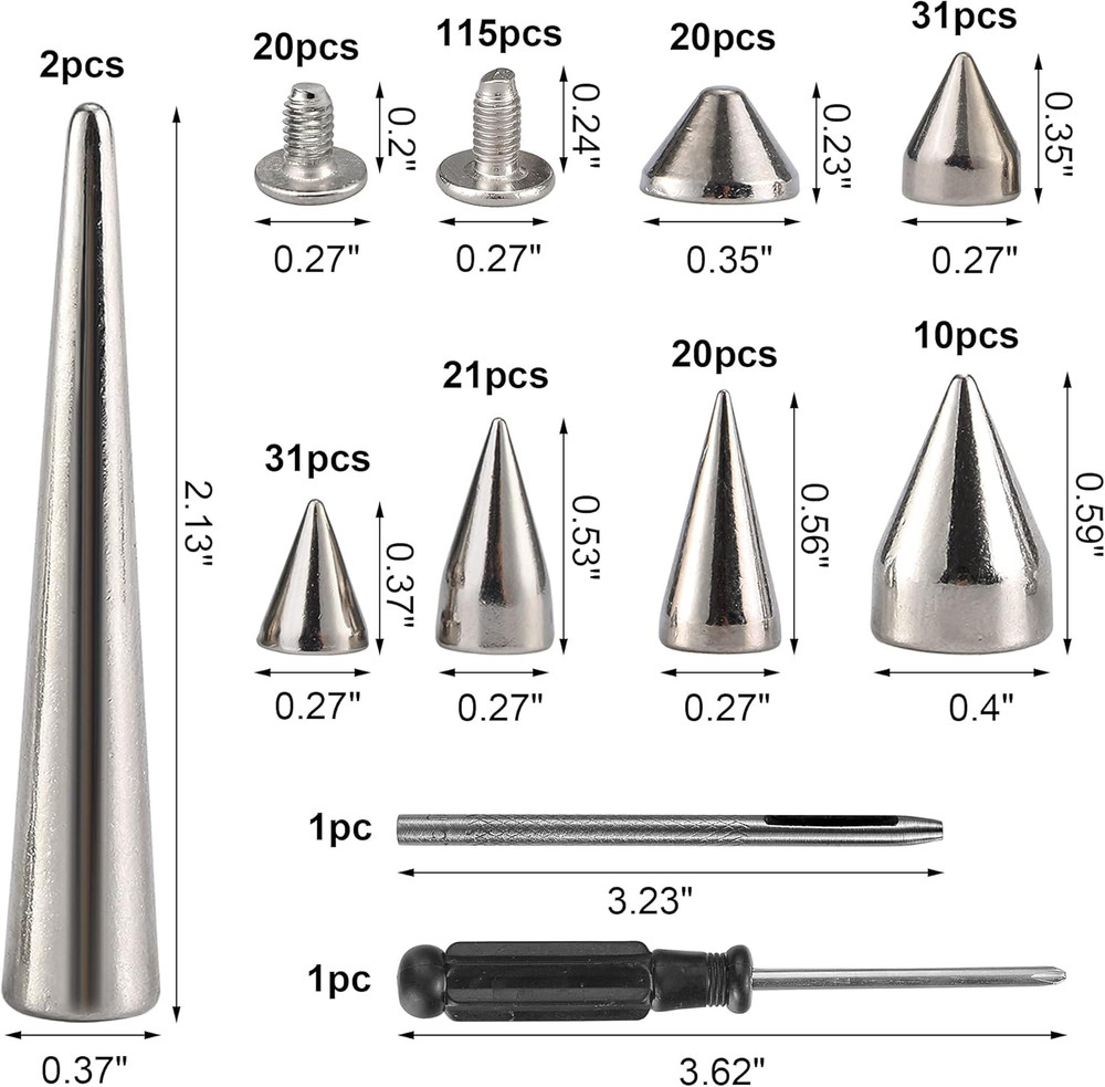 135 Sets Mixed Shape Spikes and Studs Assorted Sizes Spike Studs for Clothing Si