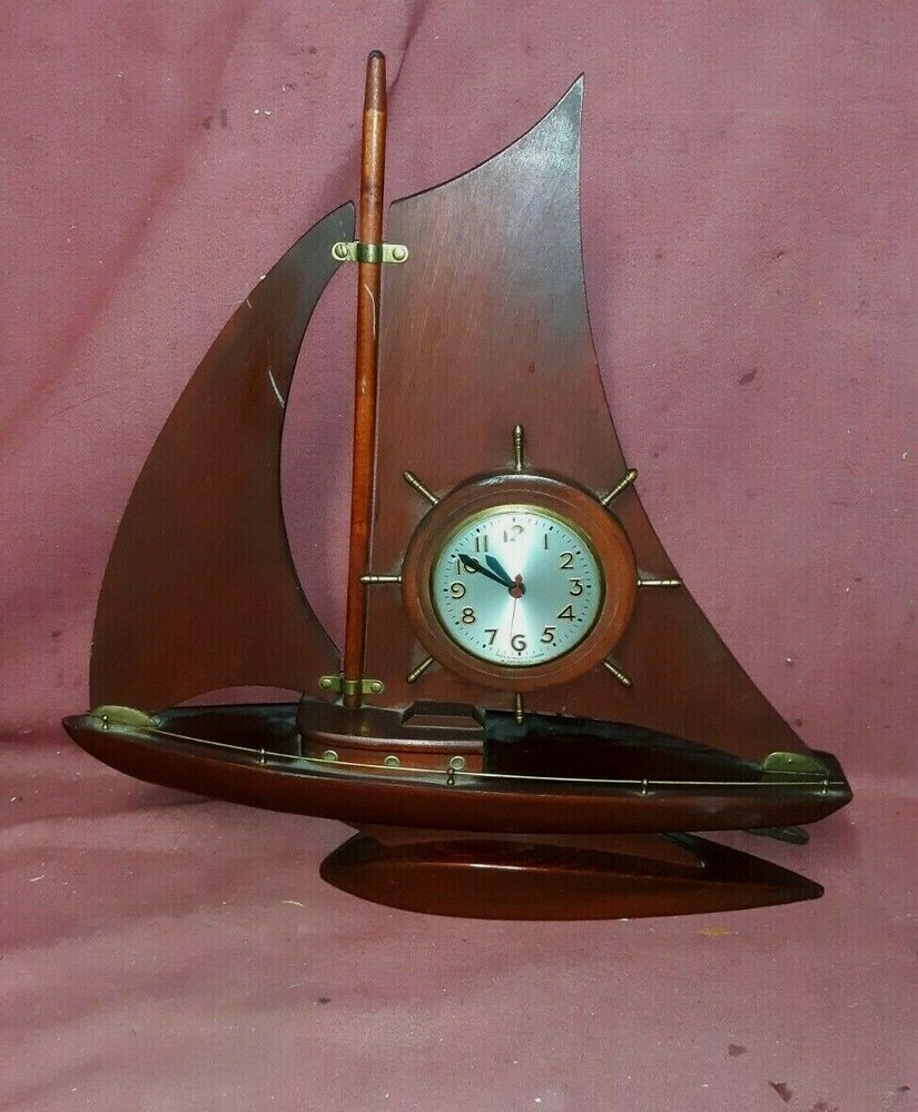 Vintage Ship Model Mahogany Clock Antique Nautical