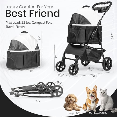 3-in-1 Folding Pet Stroller with Detachable Carrier – Lightweight Foldable