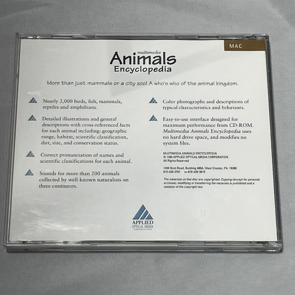 Applied Optical Media Animals Encyclopedia For Macintosh CD Rom