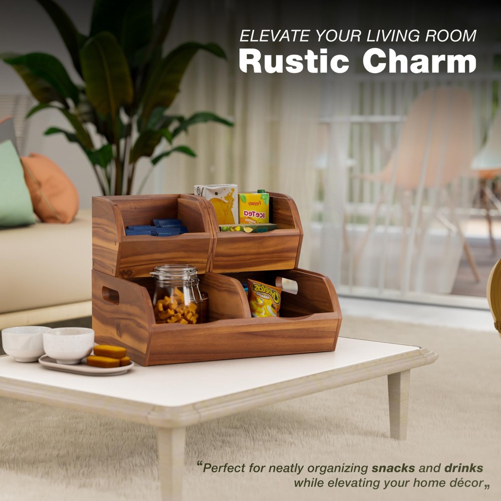 Acacia Wood Pantry Storage Bins – Stackable Open Front Kitchen Baskets for Po...