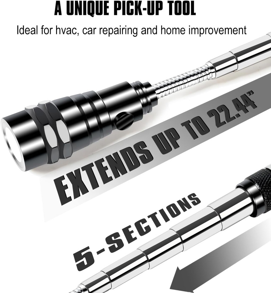 LED Magnetic Pickup Tool Telescoping Magnet Flashlight Flexible Grabber Tool
