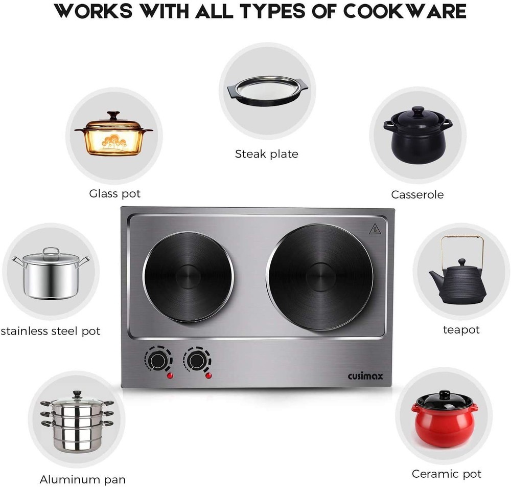 CUSIMAX 1800W Double Hot Plate, Stainless Steel Silver Burner,