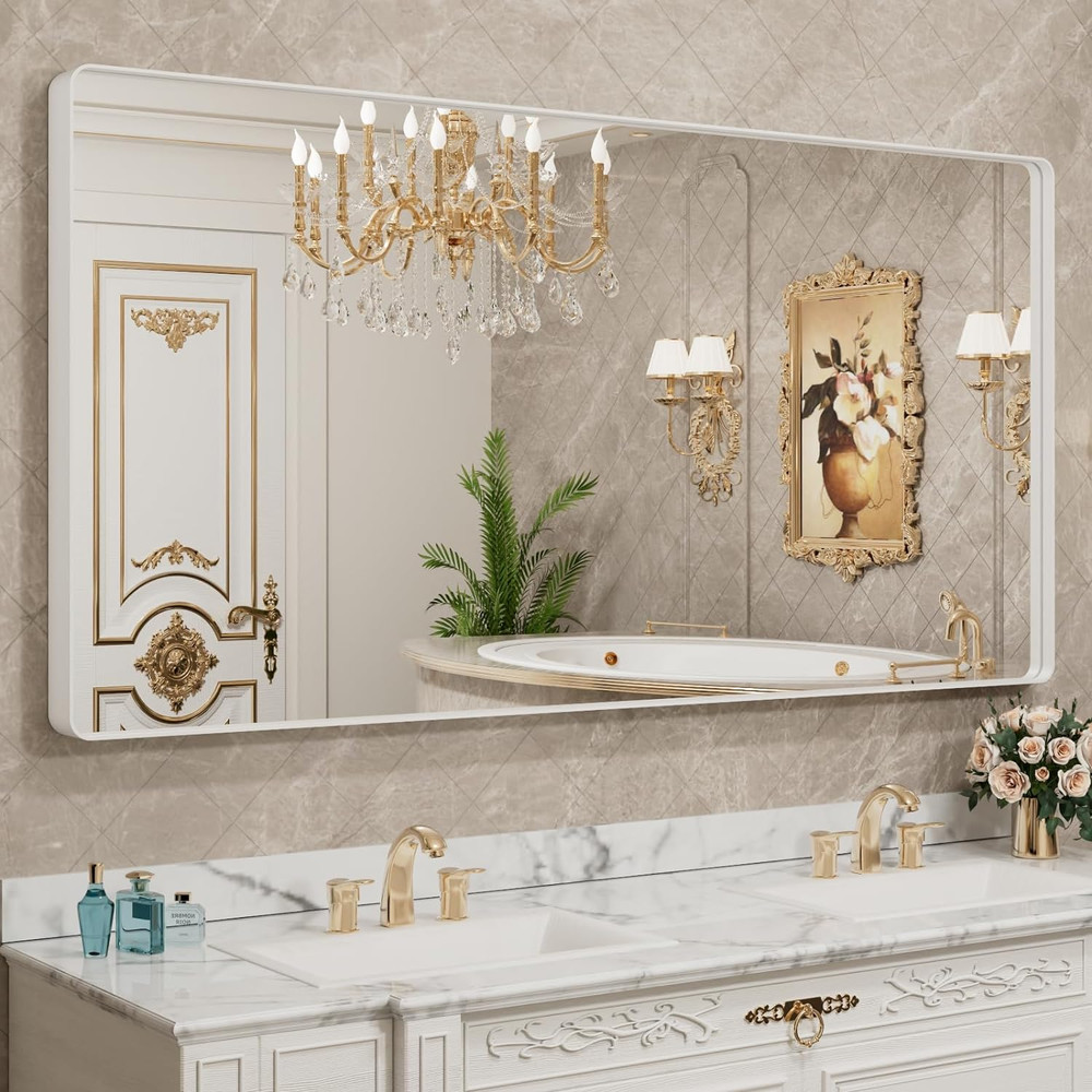Large White Metal Framed Bathroom Mirror, Rounded Rectangle, Anti-Rust, Versatil