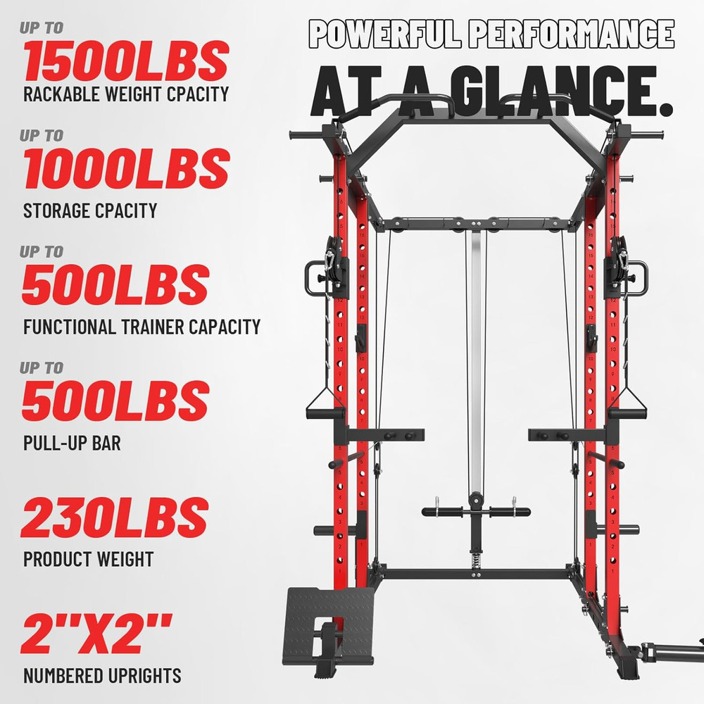 Power Cage, Power Rack with Cable Crossover System, 1500LBS Squat Rack with LAT
