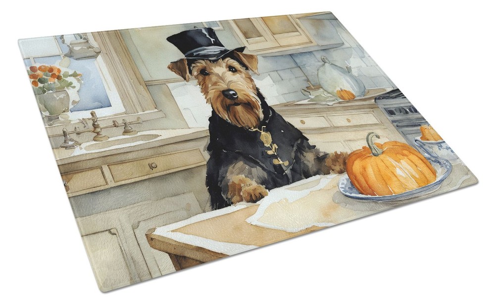 NEW Airedale Terrier Fall Kitchen Pumpkins Glass Cutting Board Decorative