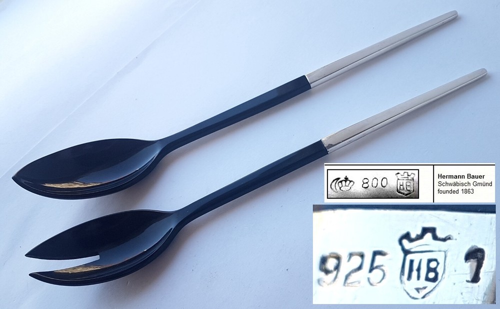 Set Serving Spoon + Serving Fork, 925er Silver, Hermann Bauer, Um 1960 N899