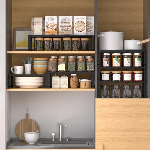 Expandable,Adjustable & Stackable Spice Rack, Cabinet 2PACKS/BLACK/LARGE Black