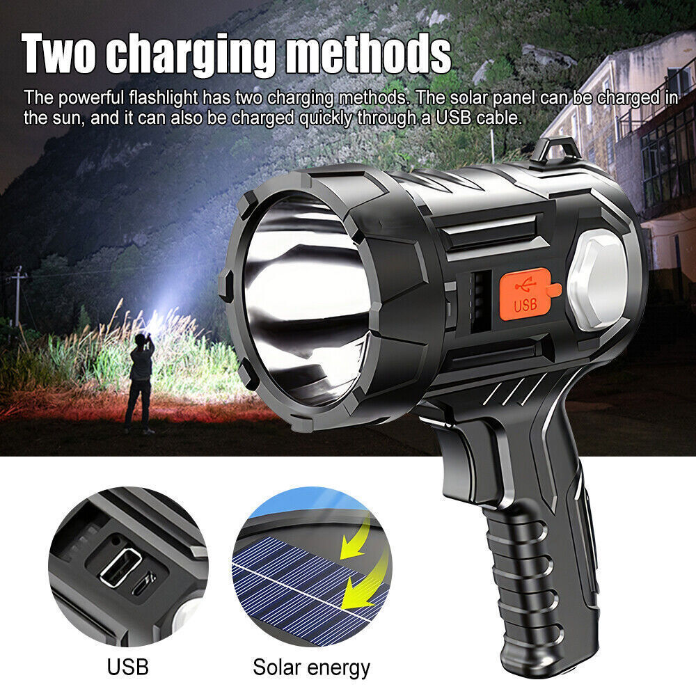 2Pack Solar/USB Super Bright Rechargeable LED Spotlight Flashlight Searchlight