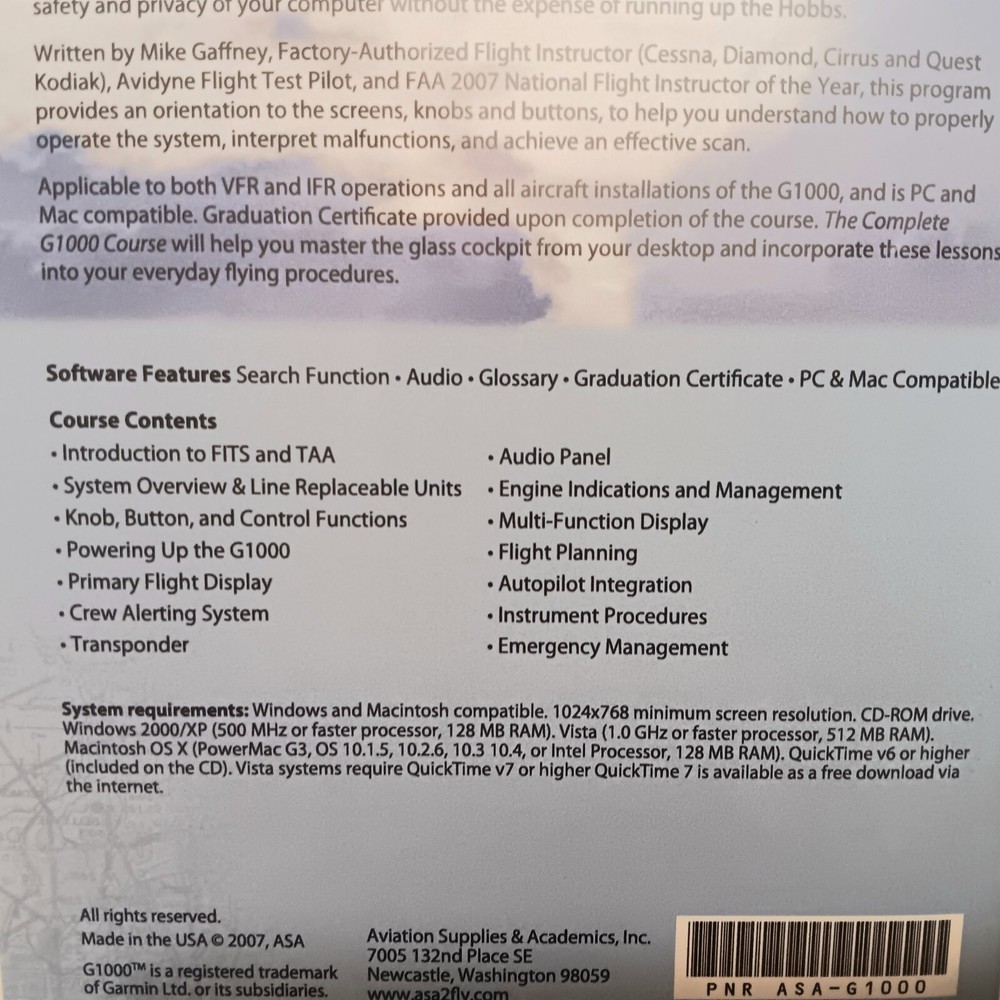 The Complete G1000 Course CD-ROM Software 2007 Tutorial Flying G1000 Airplane