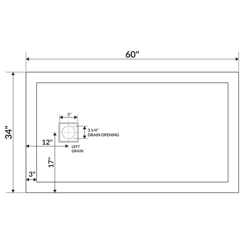 60"x34" Shower Base Pan Single Threshold Alcove Left Drain by LessCare