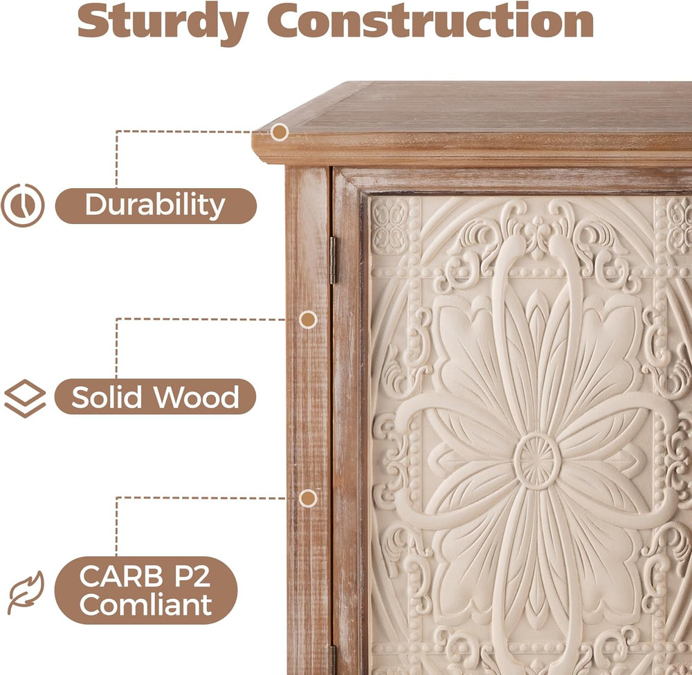 Rustic Accent Storage Cabinet with 3 Carved Doors for Home & Entryway