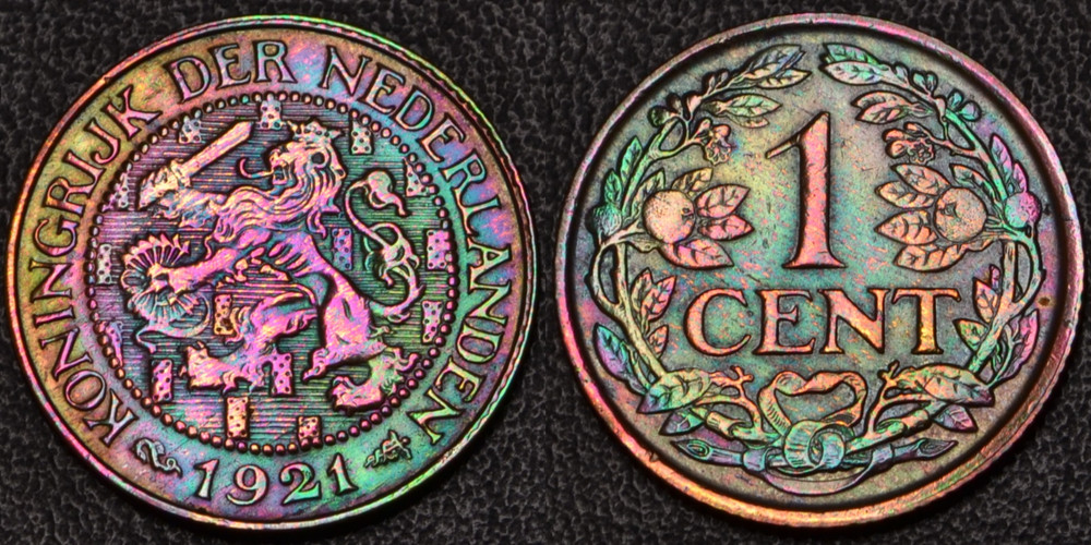 1921 Netherlands 1 Cent rainbow toning **SHARP DETAILS** (60-78)