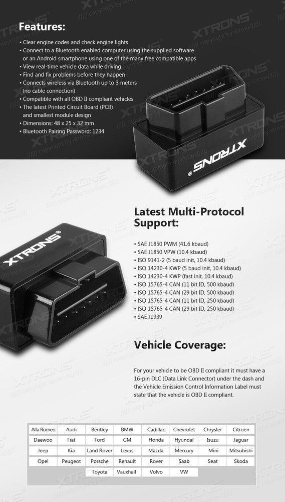 XTRONS OBD2 OBDII Scanner Bluetooth Scanning Tool Adapter for Android Car Stereo