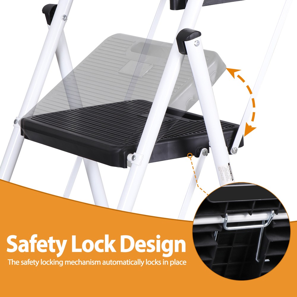 4 Step Ladder with Tool Platform Folding Step Stool with Anti-Slip Pedal White