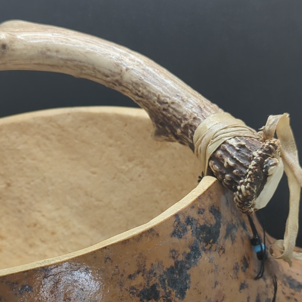 Large Gourd Bowl Cornucopia basket deer antler handle cabin rustic decor