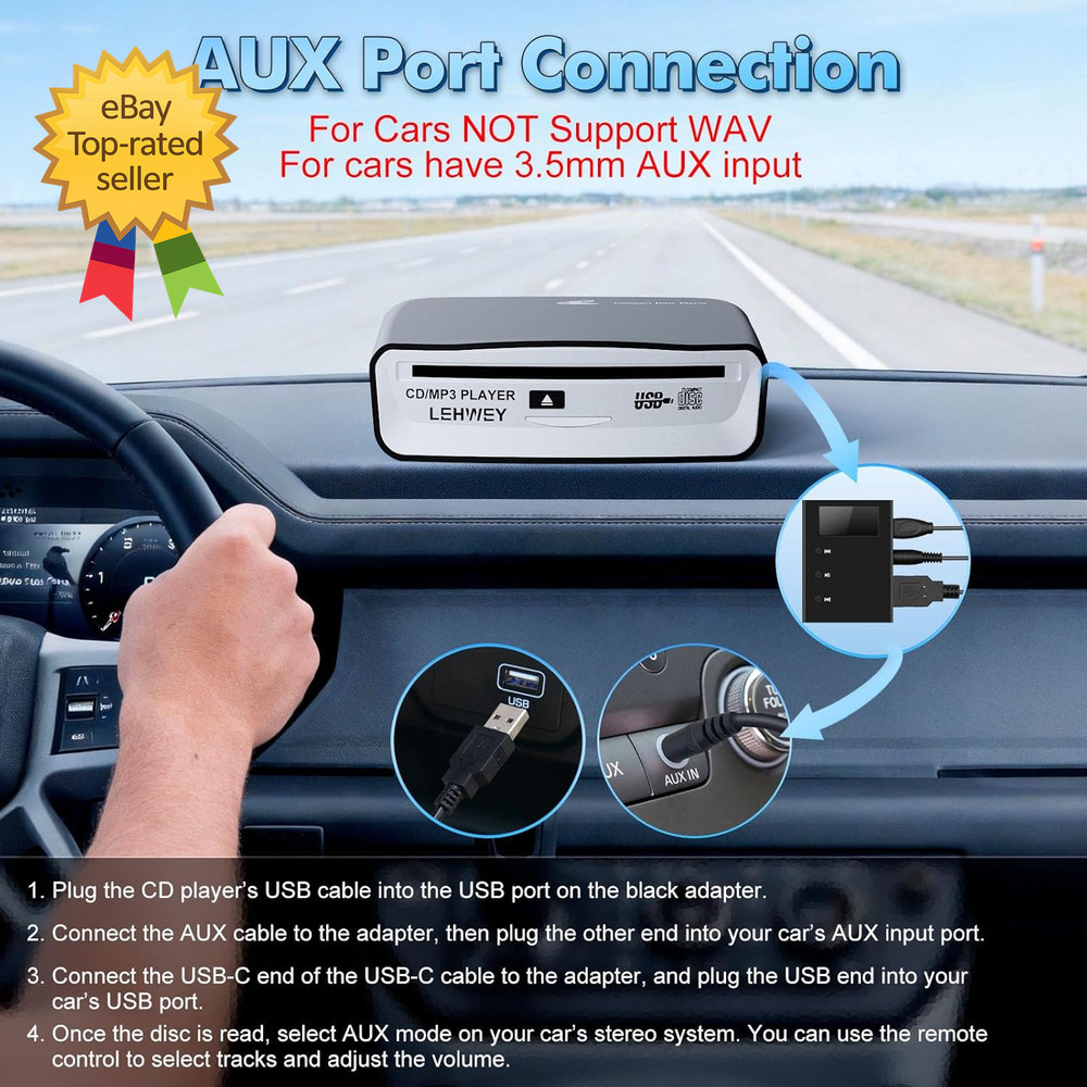 USB CD Player Car External AUX FM Transmitter Portable Anti Skip Remote Control