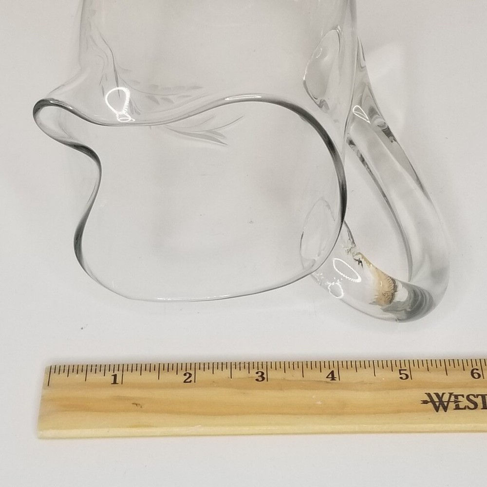 Hand Blown Glass Etched 48oz Pitcher Pinched Pour Spout