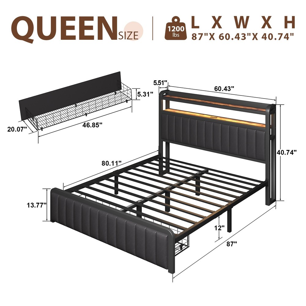 Full/Queen Size Bed Frame with 2-Tier Storage Headboard and Storage Drawers