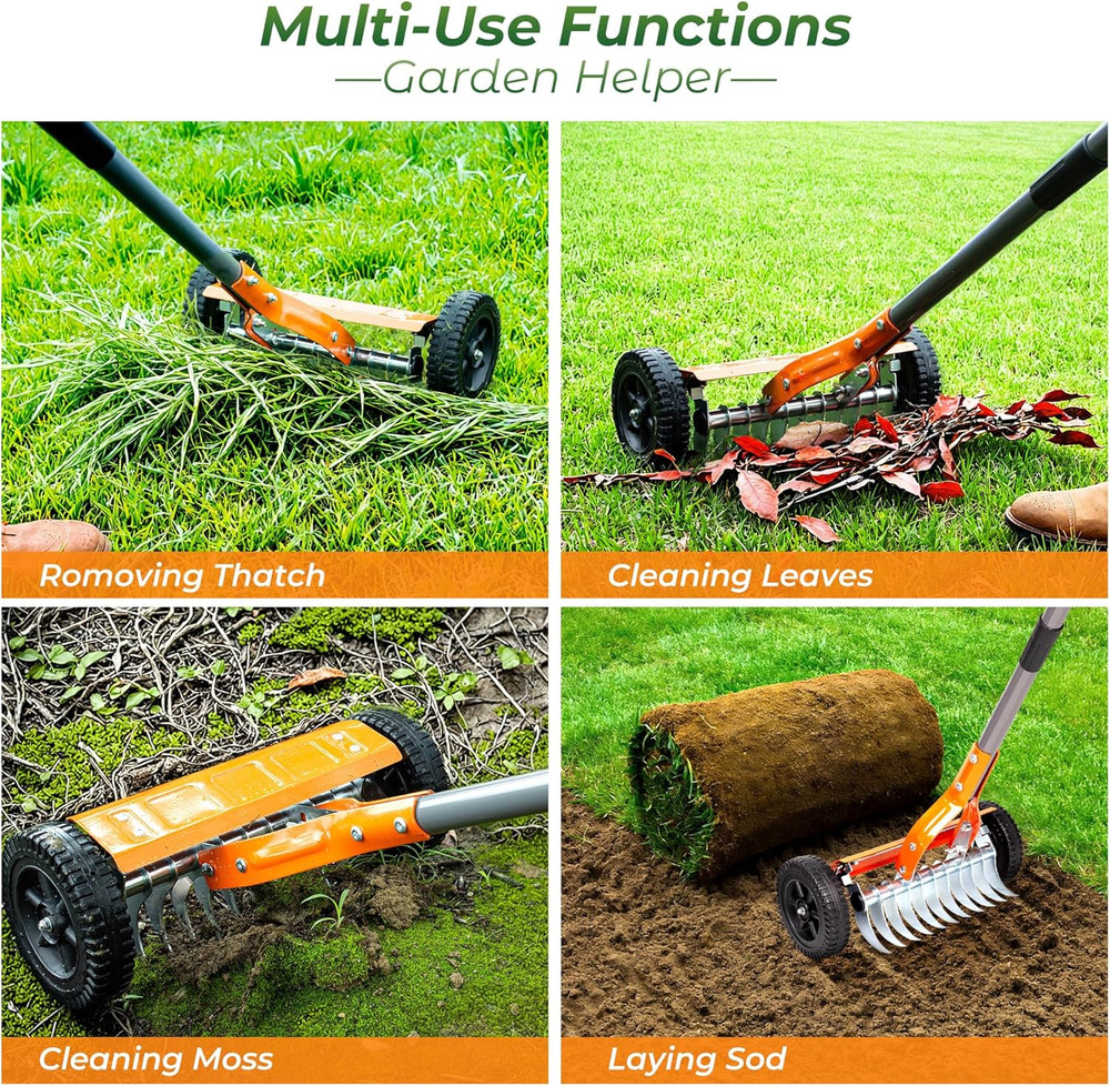 Heavy-Duty Dethatching Roller Rake with Adjustable Handle and Stainless Steel Bl
