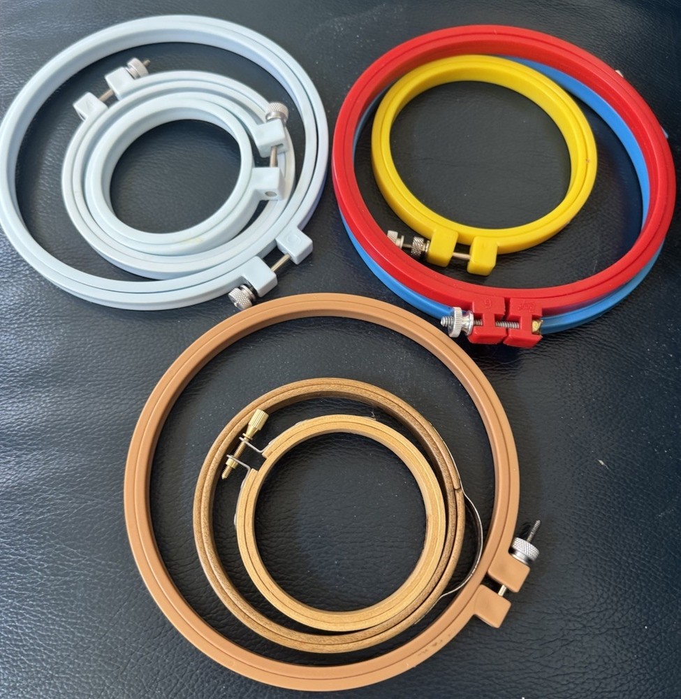 9 Embroidery Hoops Plastic Assorted Sizes, Colors. 6.5”, 4” 3”