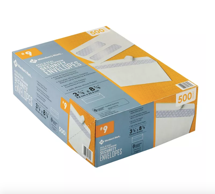 Member's Mark Security Envelope #9 Peel & Seal Double Window 500 ct *FREE SHIP*