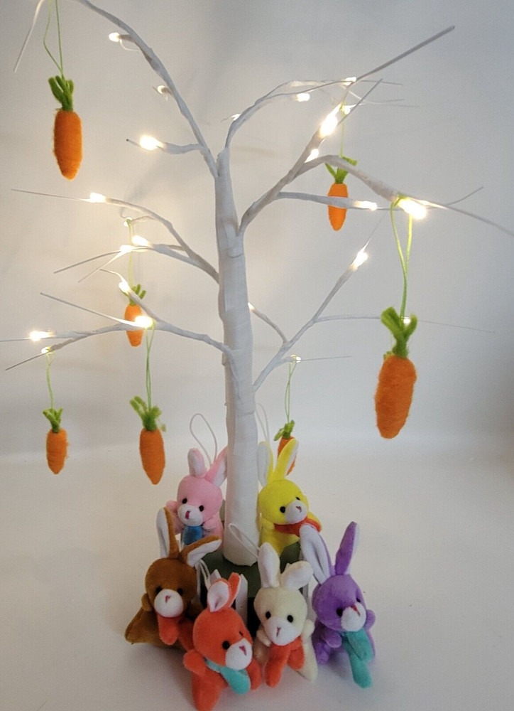 Lighted 22 Inch Easter Spring Tree 14 Hanging Plush Ornaments Rabbits Carrots